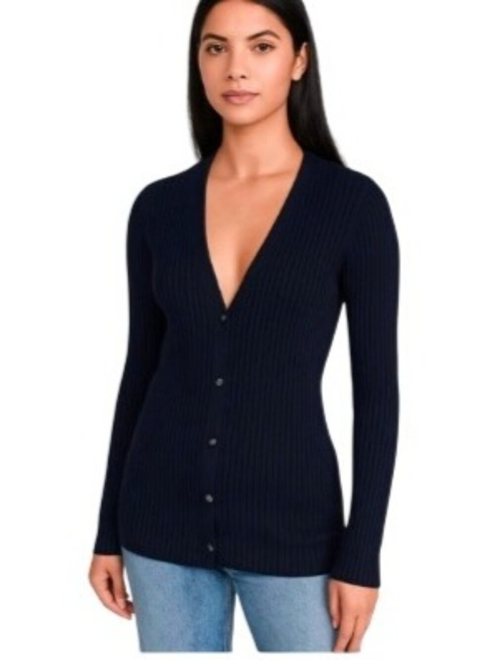 Lafayette 148 Sweater Cardigan Women's M Navy Blue Ribbed V-Neck Front Buttons